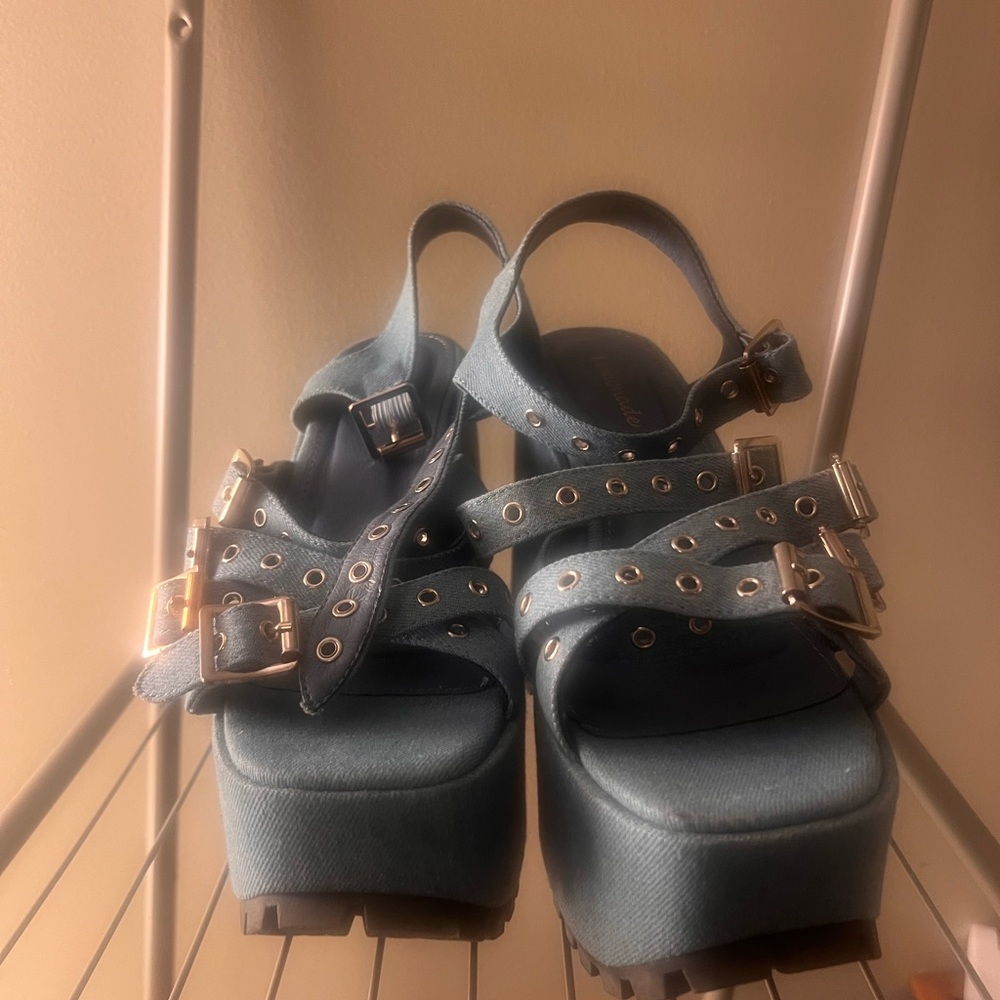 Stylish Blue DENIM Platform Sandals with Buckle Straps